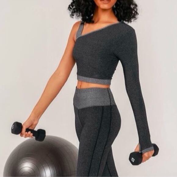 Kittenish Crop Top Womens S Gray One Shoulder Thumbholes Y2K Athleisure Pilates - Picture 1 of 4